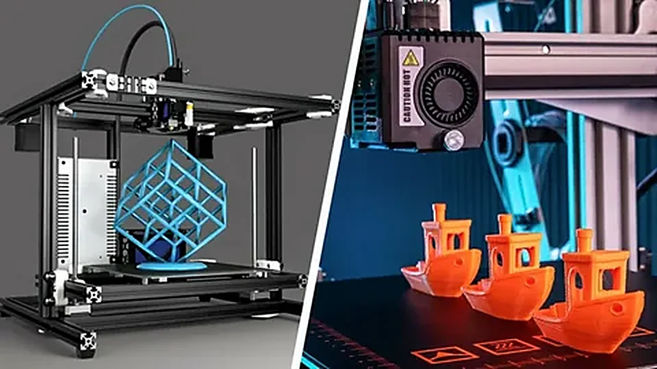 Open-frame FDM 3D printer and a close-up of parts printing on the build plate