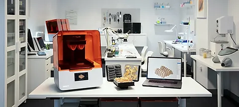 Professional 3D printing laboratory with printer, post-processing station and CAD workstation